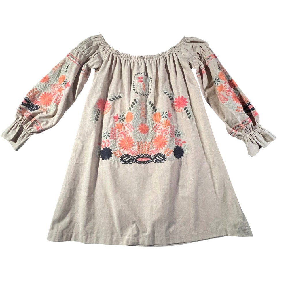 Karlie Embroidered Boho Mini Dress Womens Small Tan Floral Off Shoulder RD1662-6